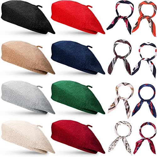 Laumoi 16 Pieces Wool Beret Hat French Style Artist Beanie Beret with Silky Scarf Set for Women, One Size - 1