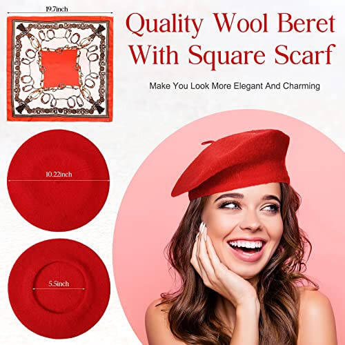 Laumoi 16 Pieces Wool Beret Hat French Style Artist Beanie Beret with Silky Scarf Set for Women, One Size - 2