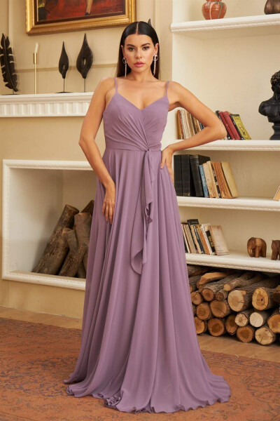 Lavender Chiffon Strapless Ruffle Long Dress - 3