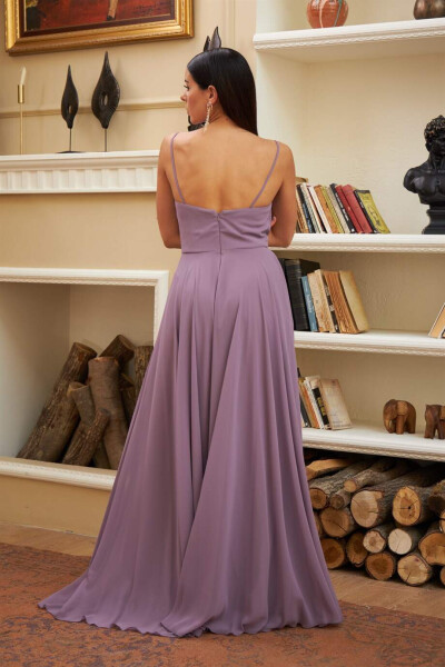 Lavender Chiffon Strapless Ruffle Long Dress - 5