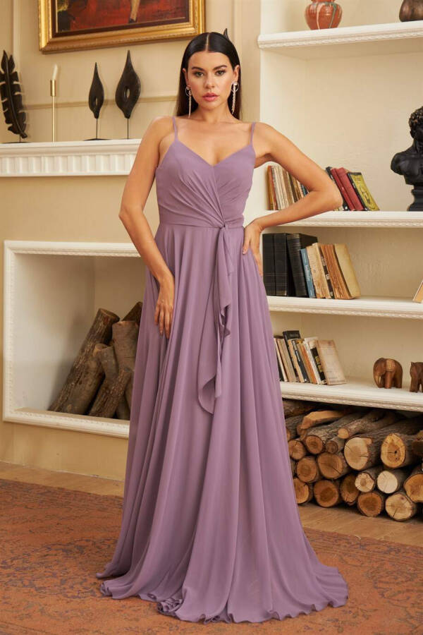 Lavender Chiffon Strapless Ruffle Long Dress - 9