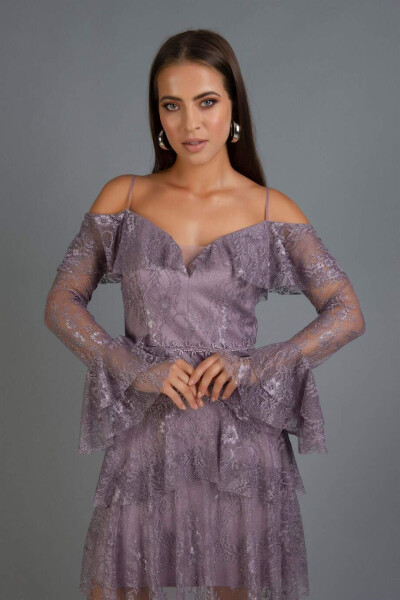 Lavender Lace Long Sleeve Short Dress - 1