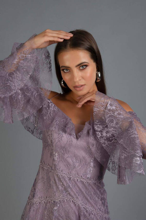 Lavender Lace Long Sleeve Short Dress - 3