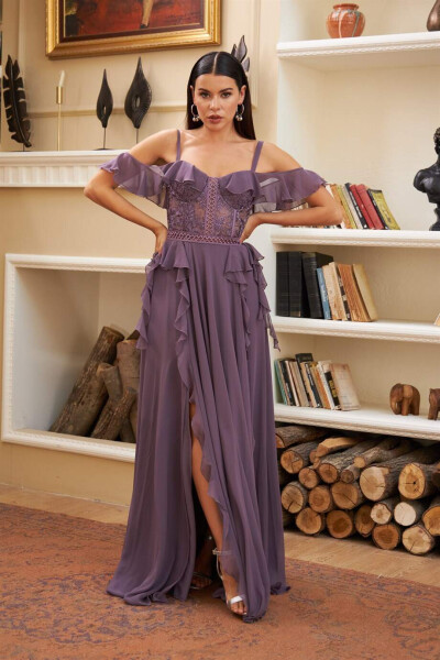 Lavender Ruffle Top Lace Slit Dress - 3