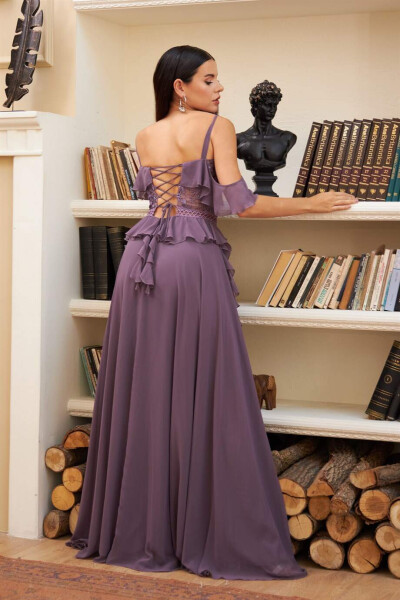 Lavender Ruffle Top Lace Slit Dress - 11