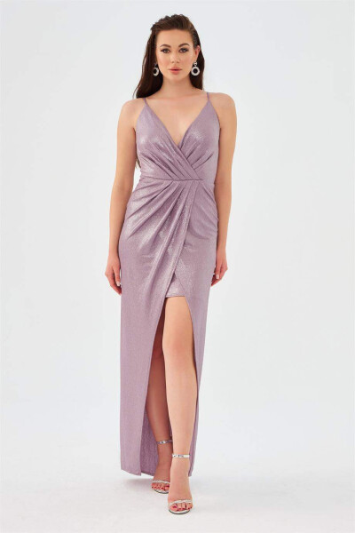 Lavender Satin Chiffon V-Neck Slit Evening Dress - 1