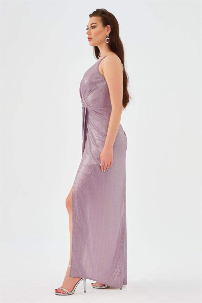 Lavender Satin Chiffon V-Neck Slit Evening Dress - 3