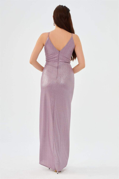 Lavender Satin Chiffon V-Neck Slit Evening Dress - 4