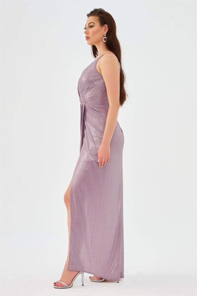 Lavender Satin Chiffon V-Neck Slit Evening Dress - 8