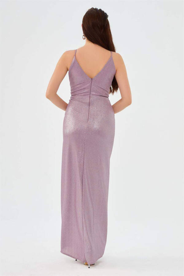 Lavender Satin Chiffon V-Neck Slit Evening Dress - 9