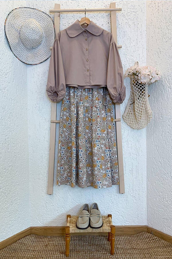 Layered Skirt with Mink Pattern & Mink Baby Collar Crop Shirt Set - 1