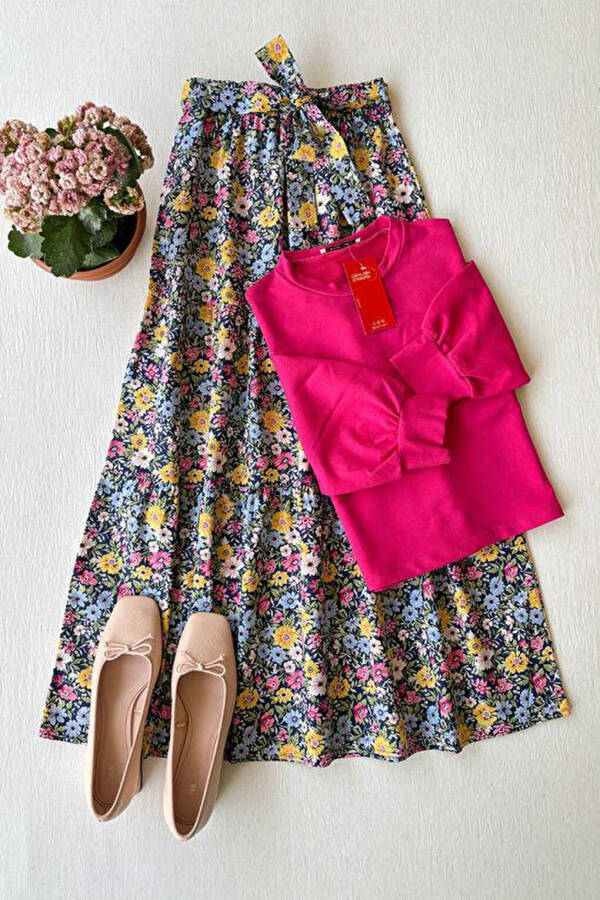 Layered Skirt with Navy Blue Violet Base & Pink 2-Thread Crop Set - 1