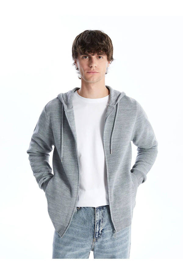 LCW Casual Grey Melange Hooded Long Sleeve Men's Knit Cardigan - 1