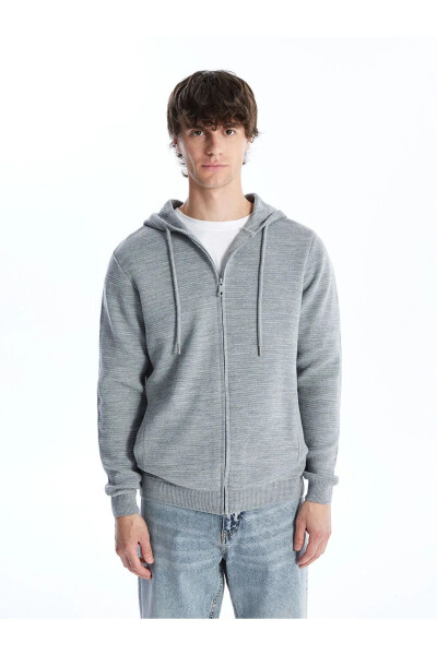 LCW Casual Grey Melange Hooded Long Sleeve Men's Knit Cardigan - 2