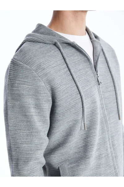 LCW Casual Grey Melange Hooded Long Sleeve Men's Knit Cardigan - 4