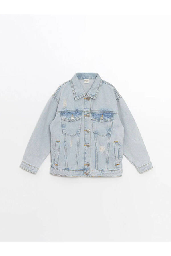 LCW Kids Light Blue Acid Wash Basic Long Sleeve Girl's Jean Jacket - 4