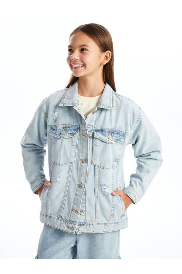 LCW Kids Light Blue Acid Wash Basic Long Sleeve Girl's Jean Jacket - 1