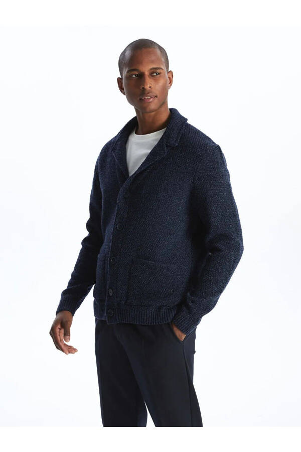 LCW Vision Navy Melange Standard Fit Shawl Collar Men's Knit Cardigan - 3