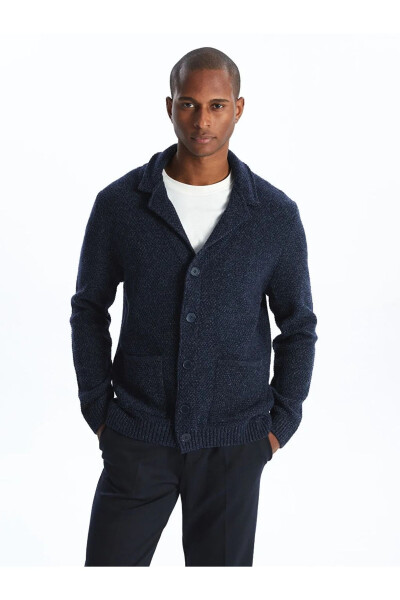 LCW Vision Navy Melange Standard Fit Shawl Collar Men's Knit Cardigan - 4