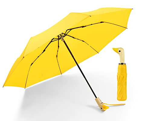 LEAGERA Compact Small Umbrellas for Rain&Sun, Cute Design Duck Head Umbrella for Girls Gifts, 8 Ribs Folding Umbrella with Wooden Handle - 8