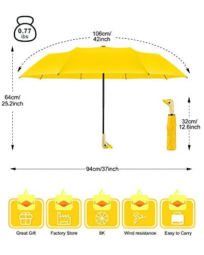 LEAGERA Compact Small Umbrellas for Rain&Sun, Cute Design Duck Head Umbrella for Girls Gifts, 8 Ribs Folding Umbrella with Wooden Handle - 9