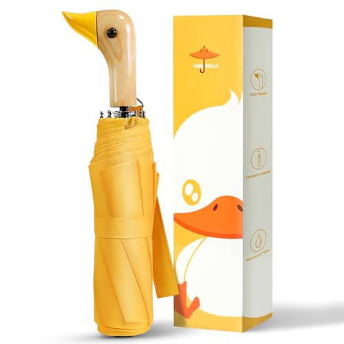 LEAGERA Compact Small Umbrellas for Rain&Sun, Cute Design Duck Head Umbrella for Girls Gifts, 8 Ribs Folding Umbrella with Wooden Handle - 1