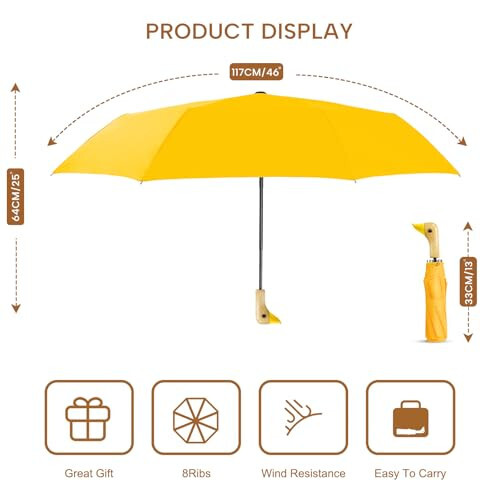 LEAGERA Compact Small Umbrellas for Rain&Sun, Cute Design Duck Head Umbrella for Girls Gifts, 8 Ribs Folding Umbrella with Wooden Handle - 3