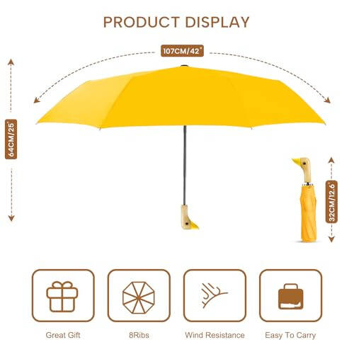 LEAGERA Compact Small Umbrellas for Rain&Sun, Cute Design Duck Head Umbrella for Girls Gifts, 8 Ribs Folding Umbrella with Wooden Handle - 6