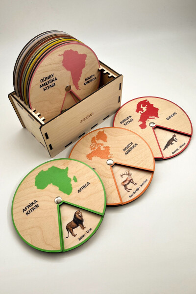 Learning Animals Living on Continents, Montessori Educational Wooden Wheel Toy, 7 Continents and Box - 1