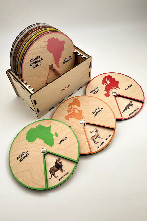 Learning Animals Living on Continents, Montessori Educational Wooden Wheel Toy, 7 Continents and Box - 1