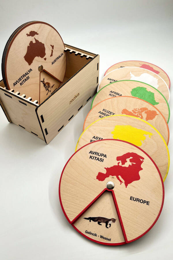 Learning Animals Living on Continents, Montessori Educational Wooden Wheel Toy, 7 Continents and Box - 2