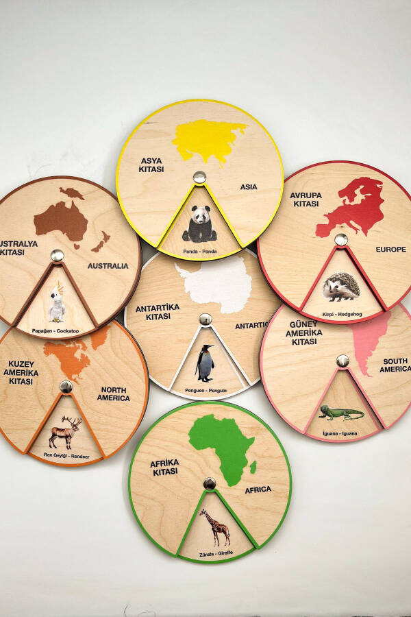 Learning Animals Living on Continents, Montessori Educational Wooden Wheel Toy, 7 Continents and Box - 3