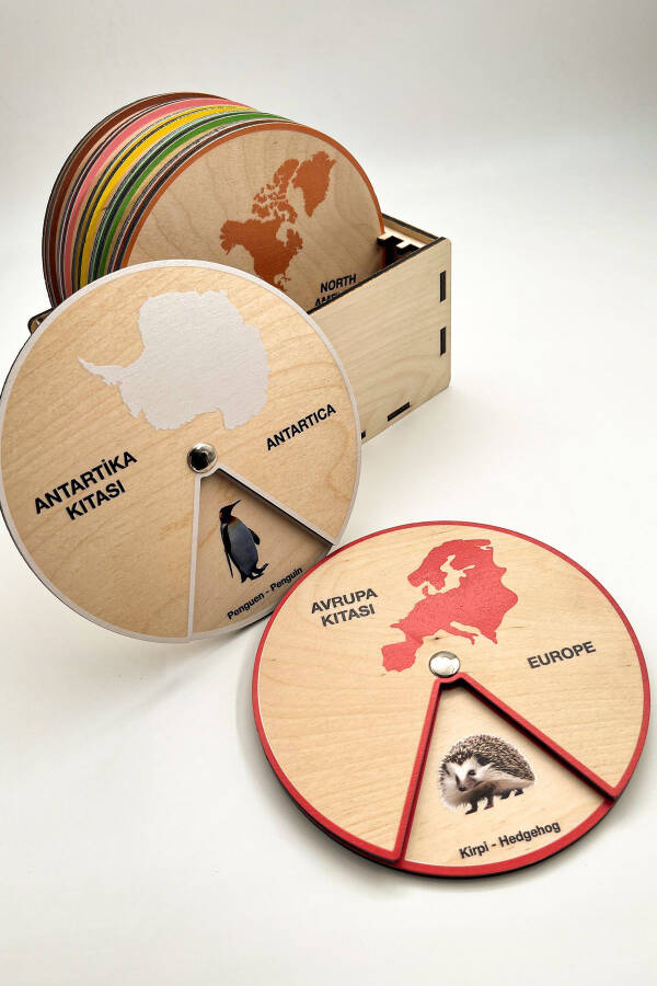 Learning Animals Living on Continents, Montessori Educational Wooden Wheel Toy, 7 Continents and Box - 4