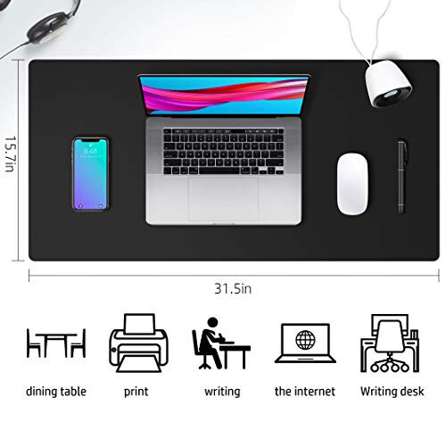 Leather Desk Pad Protector,Mouse Pad,Office Desk Mat, Non-Slip PU Leather Desk Blotter,Laptop Desk Pad,Waterproof Desk Writing Pad for Office and Home (Black,31.5