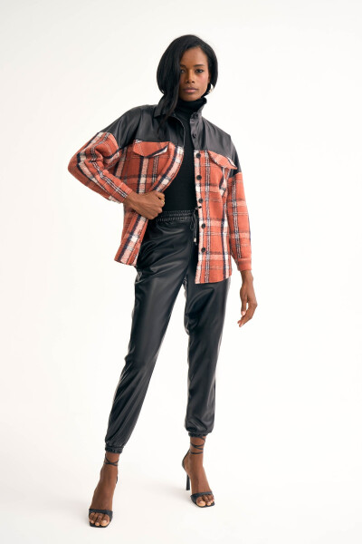 Leather Detailed Lumberjack Shirt Jacket - Terracotta - 2