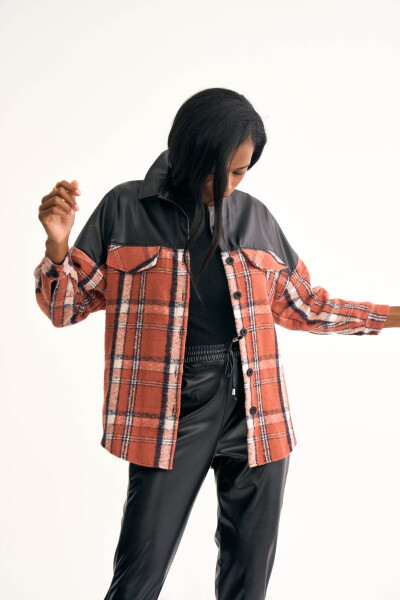 Leather Detailed Lumberjack Shirt Jacket - Terracotta - 3