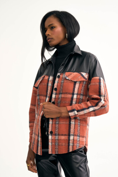 Leather Detailed Lumberjack Shirt Jacket - Terracotta - 4