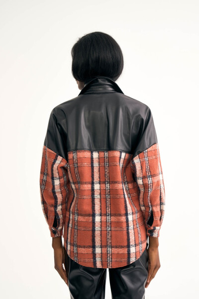 Leather Detailed Lumberjack Shirt Jacket - Terracotta - 6