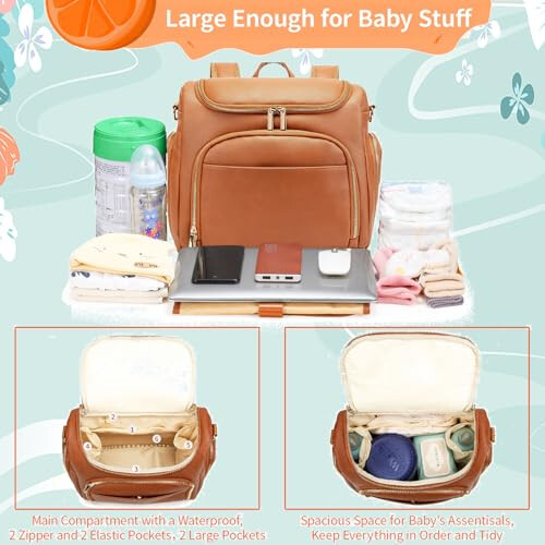 Leather Diaper Bag Backpack with Changing Pad - Multi-Function Large Capacity Baby Bag with Adjustable Shoulder Strap & Stroller Straps - 3