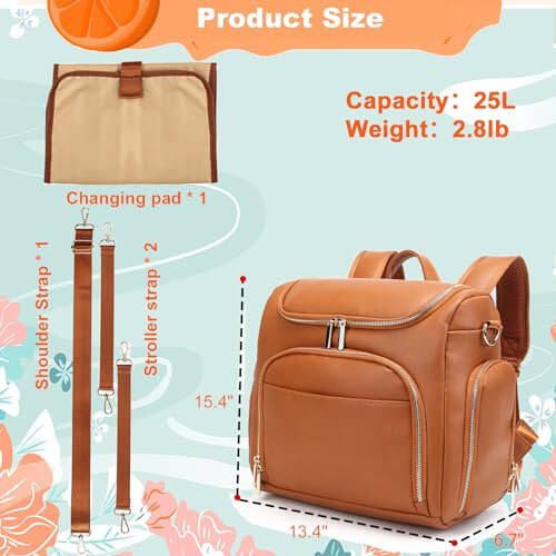 Leather Diaper Bag Backpack with Changing Pad - Multi-Function Large Capacity Baby Bag with Adjustable Shoulder Strap & Stroller Straps - 5