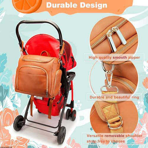 Leather Diaper Bag Backpack with Changing Pad - Multi-Function Large Capacity Baby Bag with Adjustable Shoulder Strap & Stroller Straps - 6