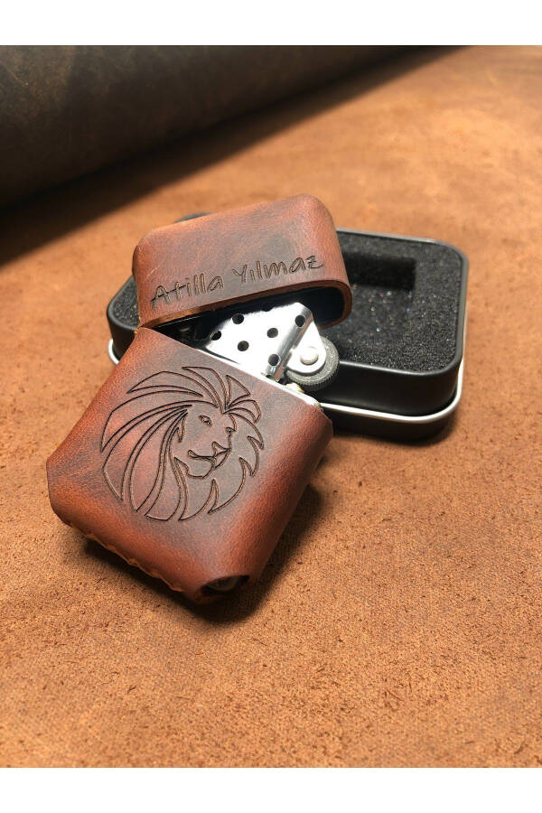 Leather Handmade Genuine Leather Zippo Lighter Gasoline NAME SHAPE LOGO WRITTEN - 16