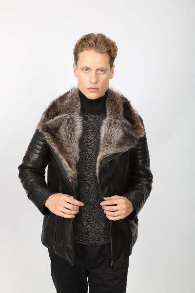 Leather jacket with black fur detail - 1