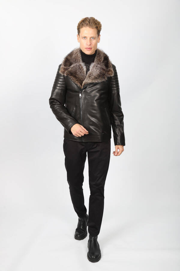 Leather jacket with black fur detail - 2