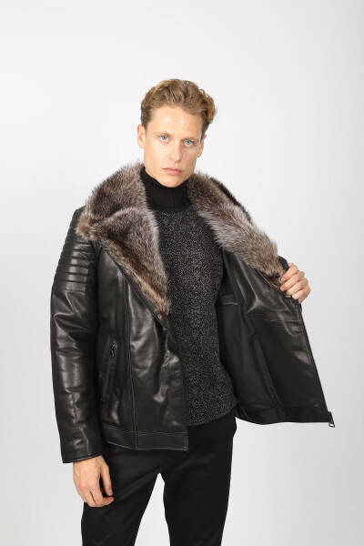 Leather jacket with black fur detail - 3