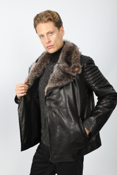 Leather jacket with black fur detail - 4