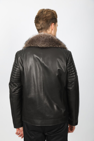 Leather jacket with black fur detail - 5