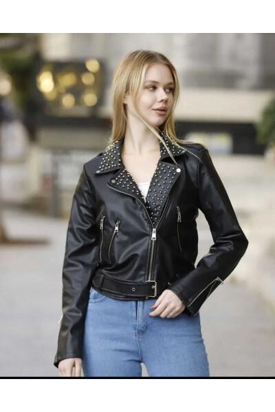 Leather Jacket with Pearl Collar - 3