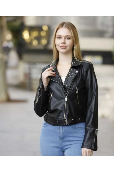 Leather Jacket with Pearl Collar - 4