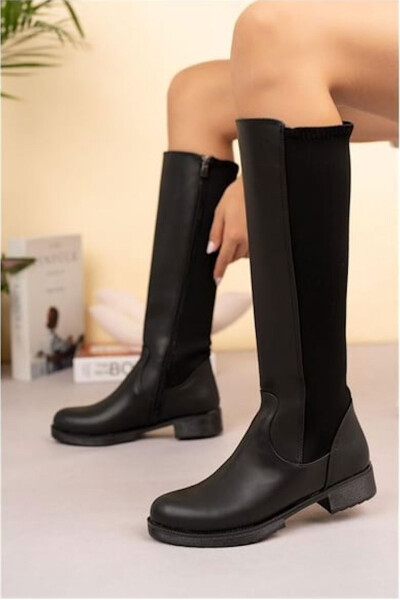 Leather look, zippered, stretchy knee-high boots. - 2